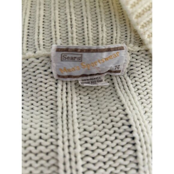 Vintage Sears Button Sweater Cable Knit Cardigan Cream Pockets Cobain M Grunge - Picture 2 of 5